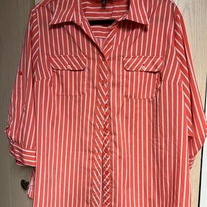 Notation Coral and White Stripe Button Down Shirt